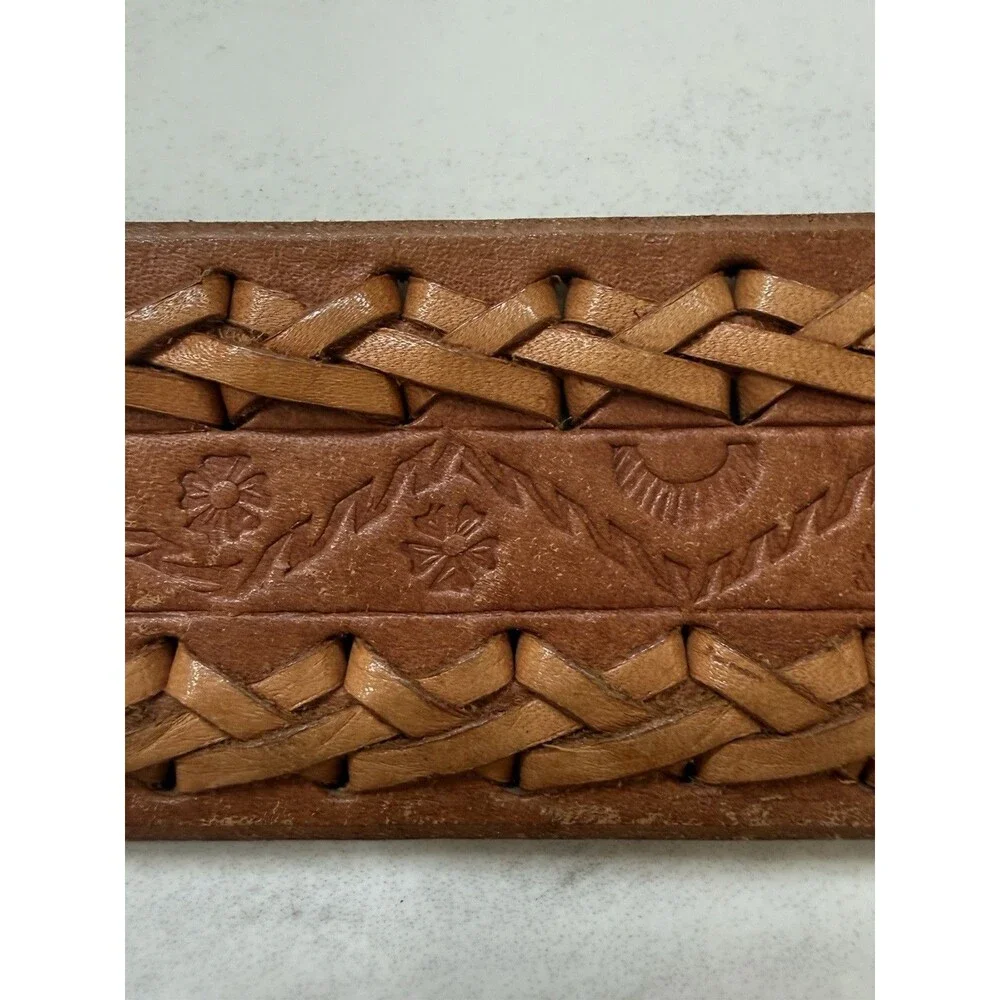 Vintage Hand Tooled Leather Belt Rose Oval Buckle Braided Western Boho Size 36